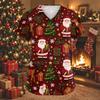 Women's V-Neck Short Sleeve Christmas Print Work Tunic Top with Pockets and Side Slits