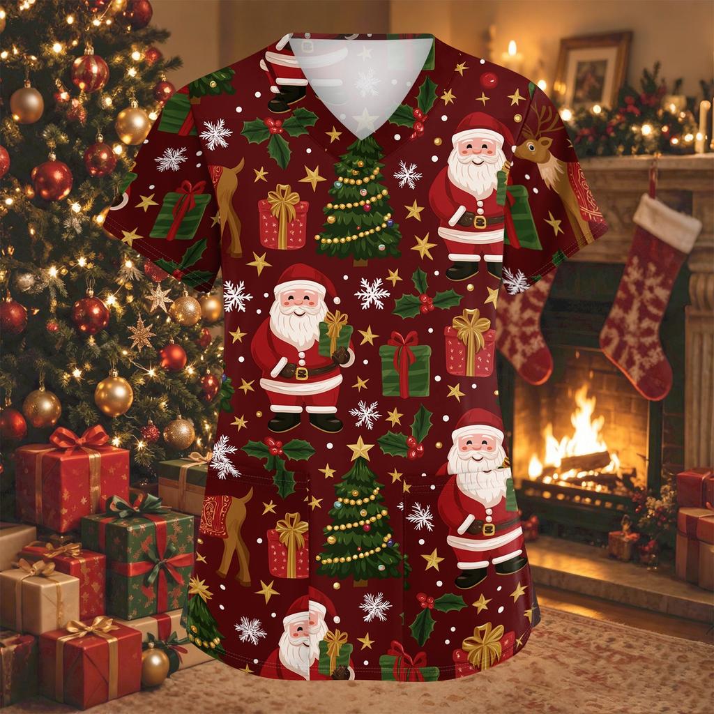 Women's V-Neck Short Sleeve Christmas Print Work Tunic Top with Pockets and Side Slits