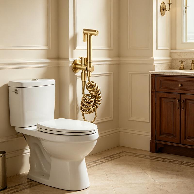 Brushed Gold Solid Brass Bidet Sprayer Set Handheld Shattaf Muslim Toilet Shower Wall Mounted Eco-Friendly Hygiene Faucet Spring