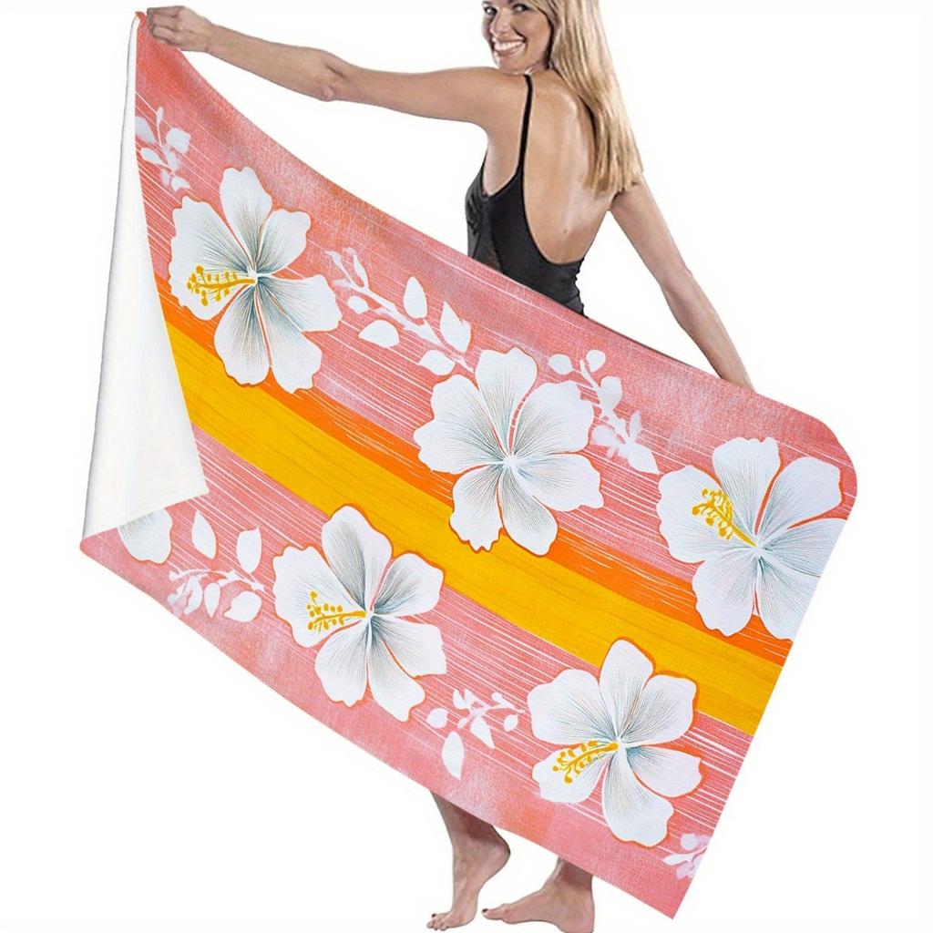 Ultra-Fine Fiber Beach Bath Towel Plush White Hibiscus Flower Palm Leaf Design on Peach Coral Pink Mustard Yellow Quick-Dry