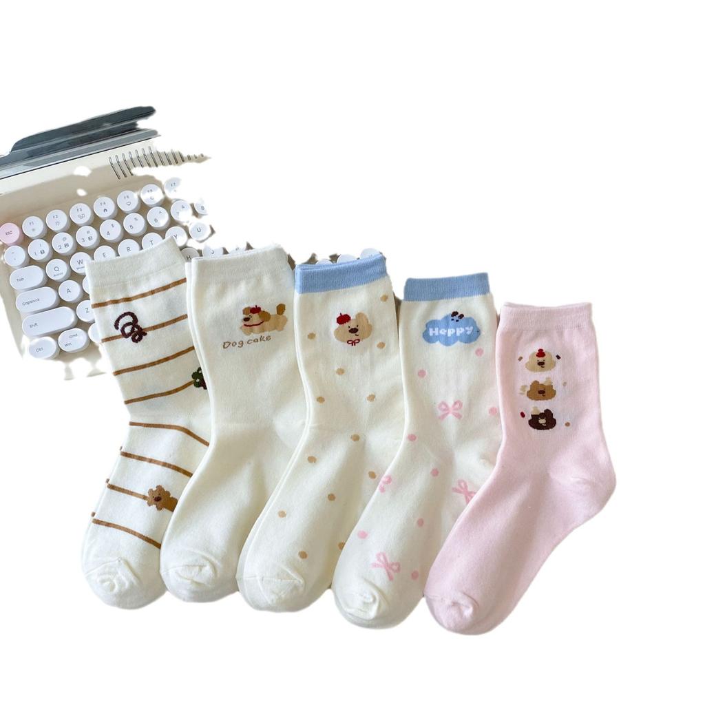Cartoon Socks Medium Tube Socks Tide Spring And Autumn Cute College Style Bow Polka Dot Puppy Striped Socks