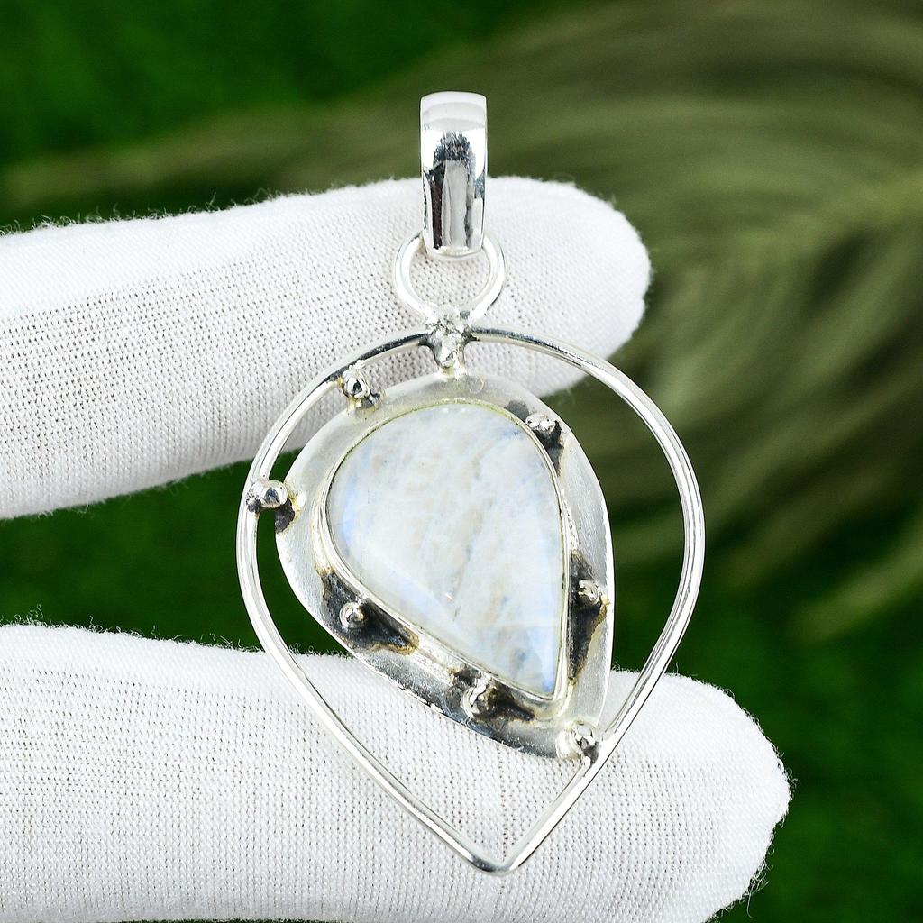 Natural Rainbow Moonstone Gemstone Pendant 925 Sterling Silver Indian Jewelry