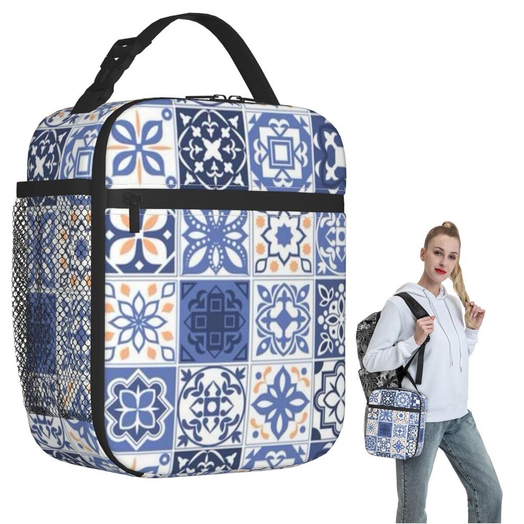 Blue Portuguese Tile Portugal Azulejo Flower Insulated Lunch Bag for Women Kids Leakproof Food Boxes Thermal Lunch Box Tote