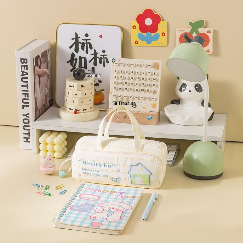 Charming Double-Layer Lucky Embroidery Pencil Case with Large Capacity, Portable Design, and Stylish Dopamine-Inspired Look