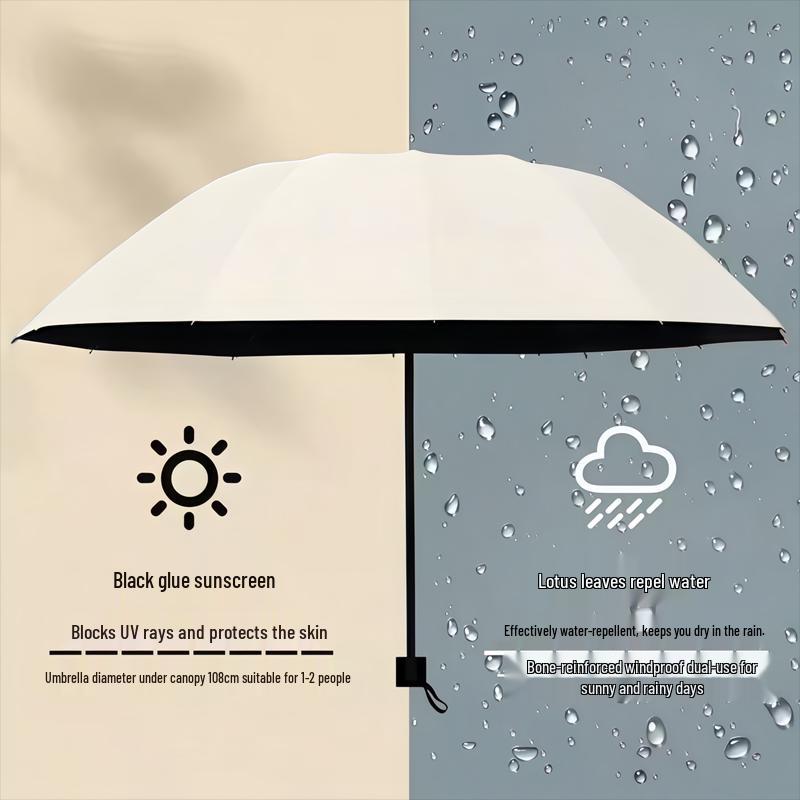 Large Dual-Use Umbrella for Sun and Rain, Manual Folding, Reinforced for Two, Black Glue Sunscreen, Suitable for Men and Women