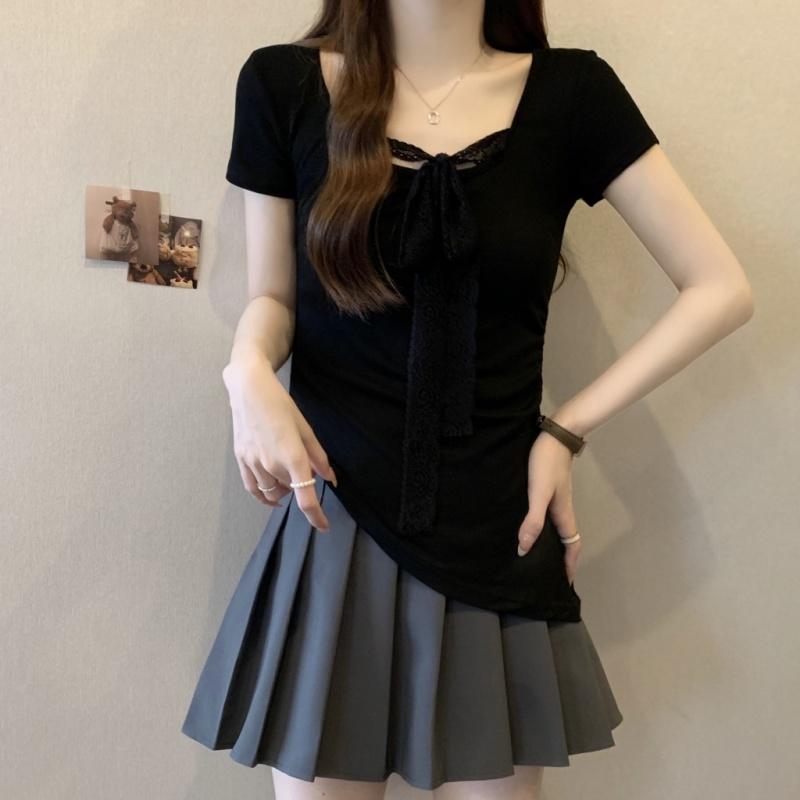 Summer Short Sleeve Women's Solid O-Neck irregular Pullovers korean Lace ribbon t-Shirts y2k Tops Female Slim pure cotton Tees