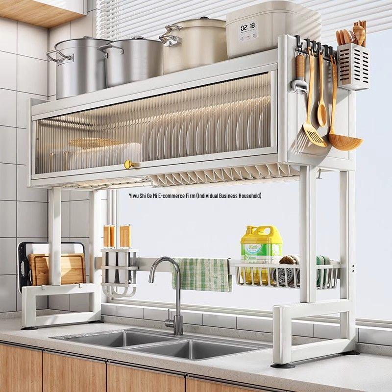 Multi-Functional Kitchen Storage Rack: Above-Sink Cupboard for Dustproof Dish, Bowl, and Chopstick Drainage