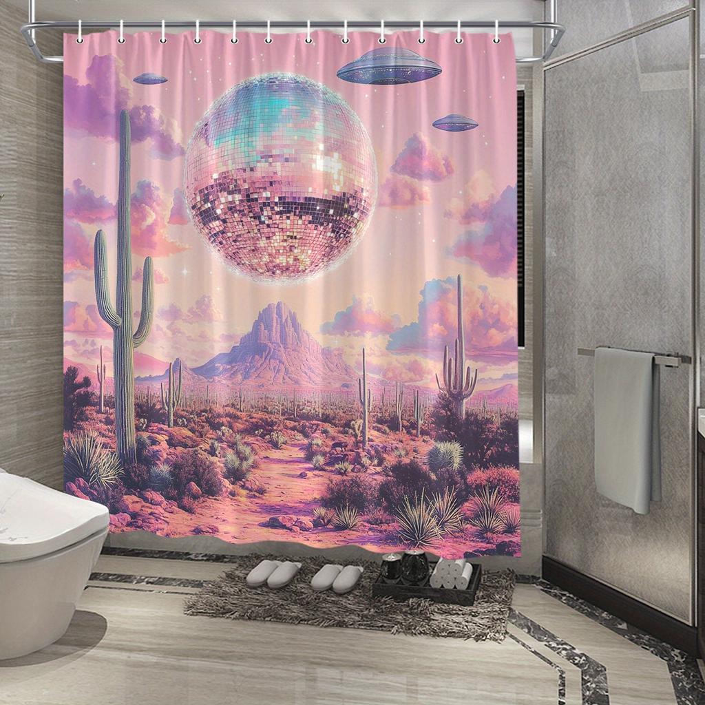 Retro Sci-Fi Shower Curtain - Vibrant Cacti, Disco Ball Ufos & Pastel Sky, Polyester, 12 Hooks, Futuristic Decor