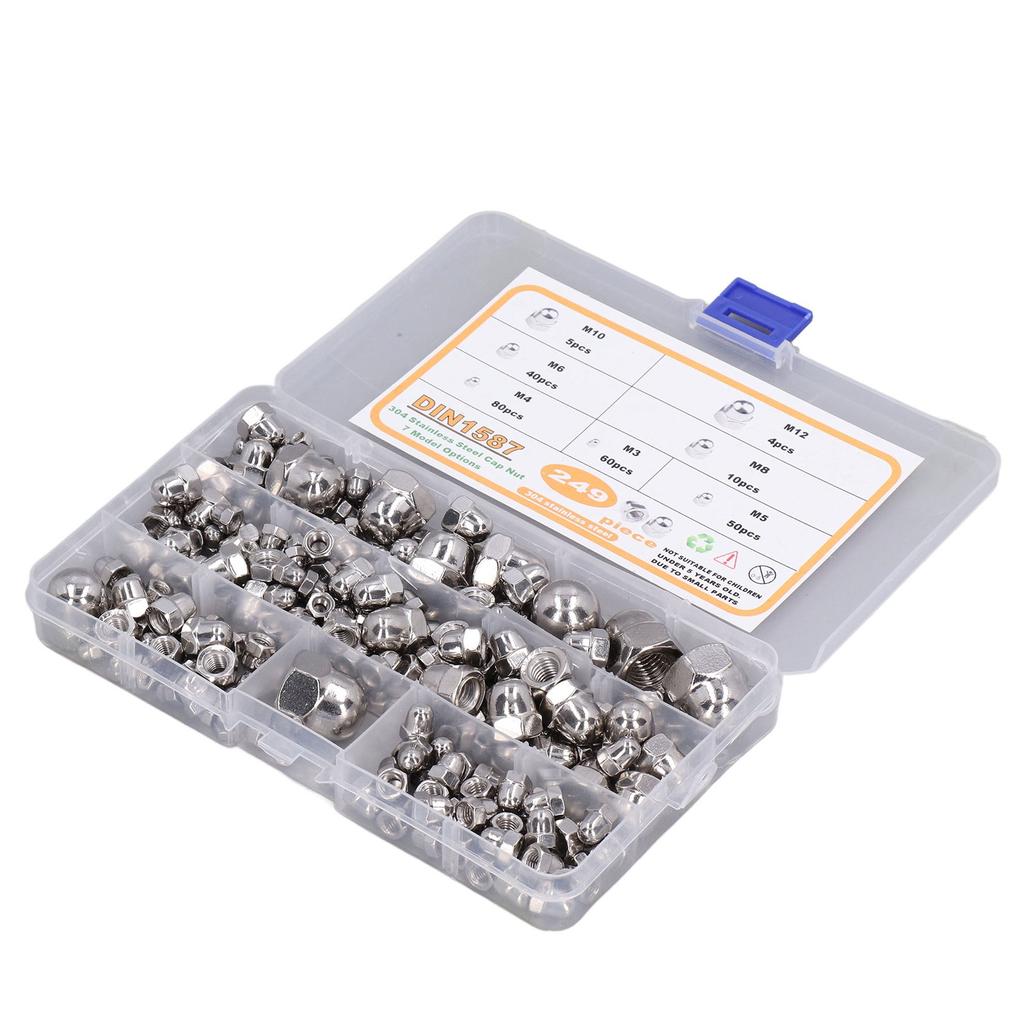 249Pcs Acorn Hex Cap Nuts Assortment Kit M3?M12 DIN1587 304 Stainless Steel Bright Finish