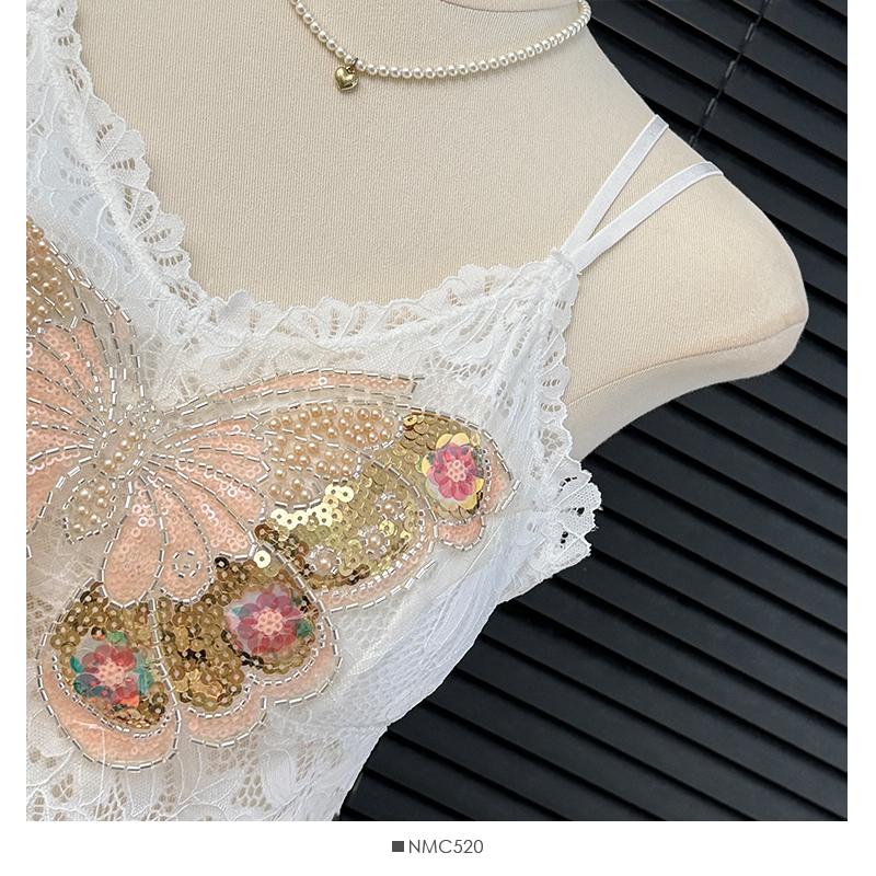 Summer Women Sweet Sequined Butterfly Embroidery Lace Spaghetti Strap Sleeveless Vest Tops for Girls