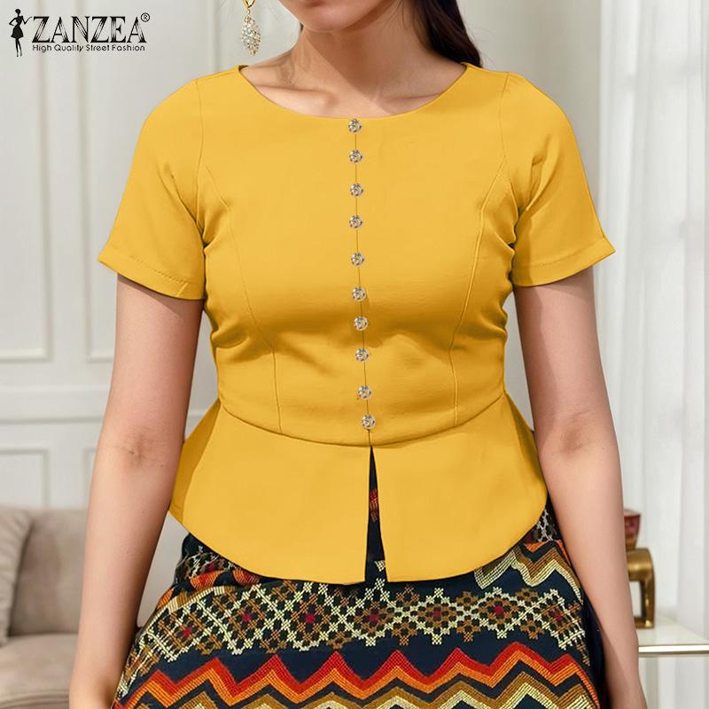 

ZANZEA Women Casual Round Neck Solid Color Summer Short Sleeve Blouse S темно-рожевого кольору