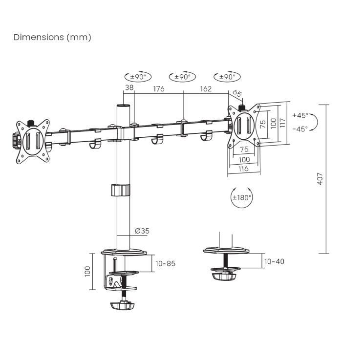 Support de bureau - maclean - mc-754n - 2 moniteurs - inclinaison +45° à -45° - vesa 75x75/100x100