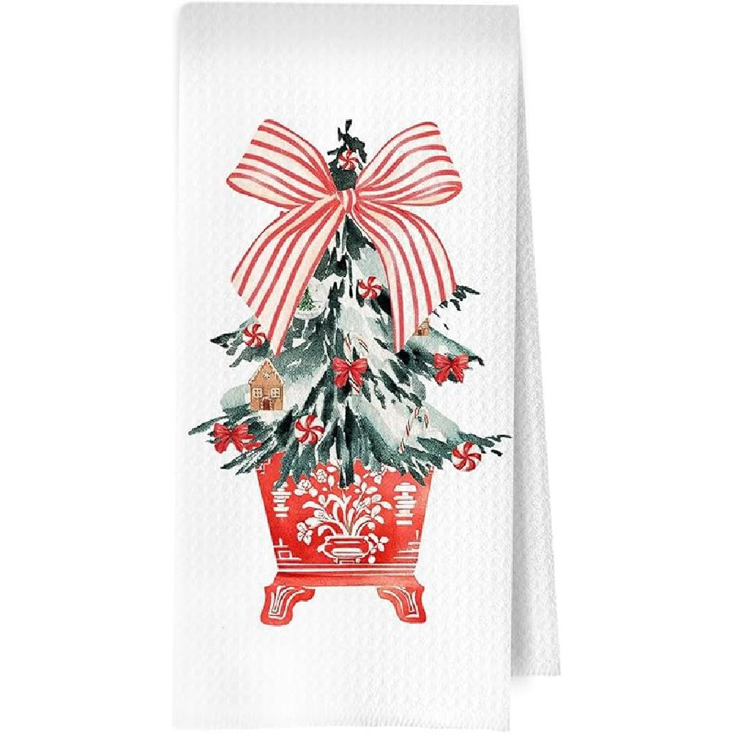 Chinoiserie Christmas Kitchen Towels - Red Coquette Waffle Decorative Dish Towels, Red Bow Hand Towel, Christmas Tree Tea Towel, Grandmillennial Red-03