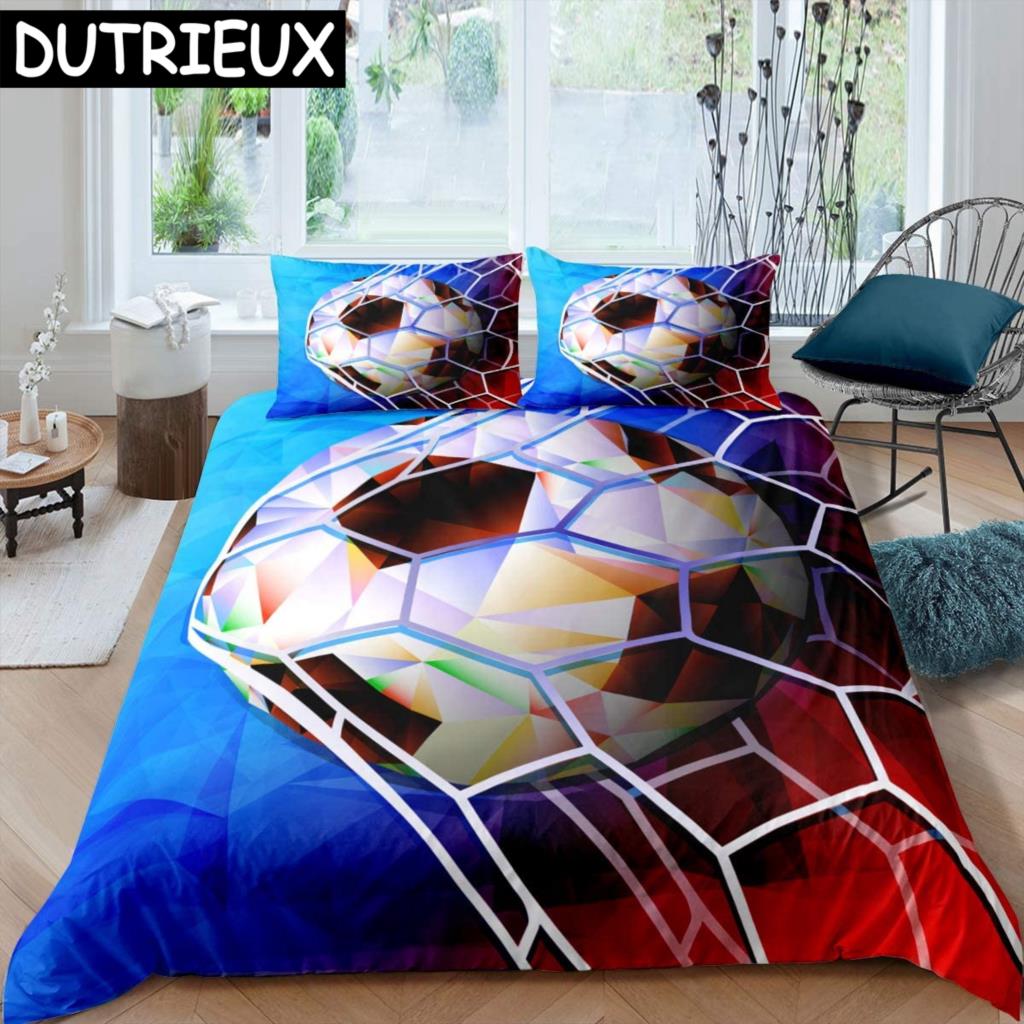 Soccer Duvet Cover Set King Queen Full Size Football Pattern Polyester Comforter Cover For Boys Teens Soccer Lover Bedding Set