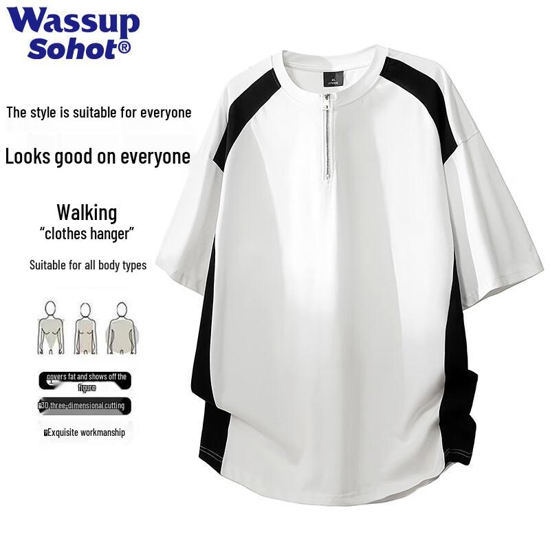 Wassup Sohot Men s American Retro Half-Zip Cotton T-Shirt M