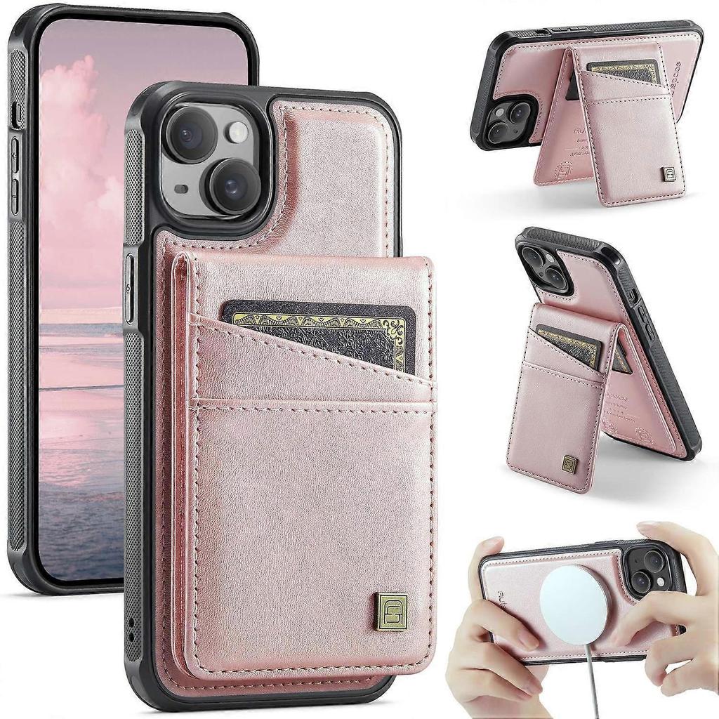 For iPhone 14 Case AUTSPACE A12 Leather Phone Case with Detachable Card Bag - Rose Gold