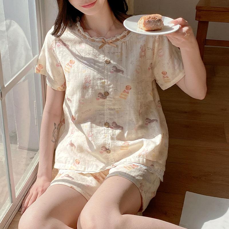 Vernis new cardigan women's casual pajamas cotton short-sleeved shorts set can be worn outside loungewear summer