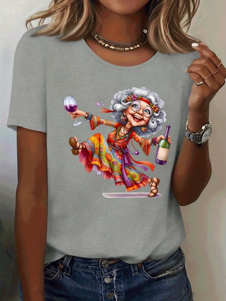 Elegant Granny Graphic Print Women's Summer Casual Short Sleeved T-Shirt Cute Playful Round Neck Tees Top Casual Woman Clothes