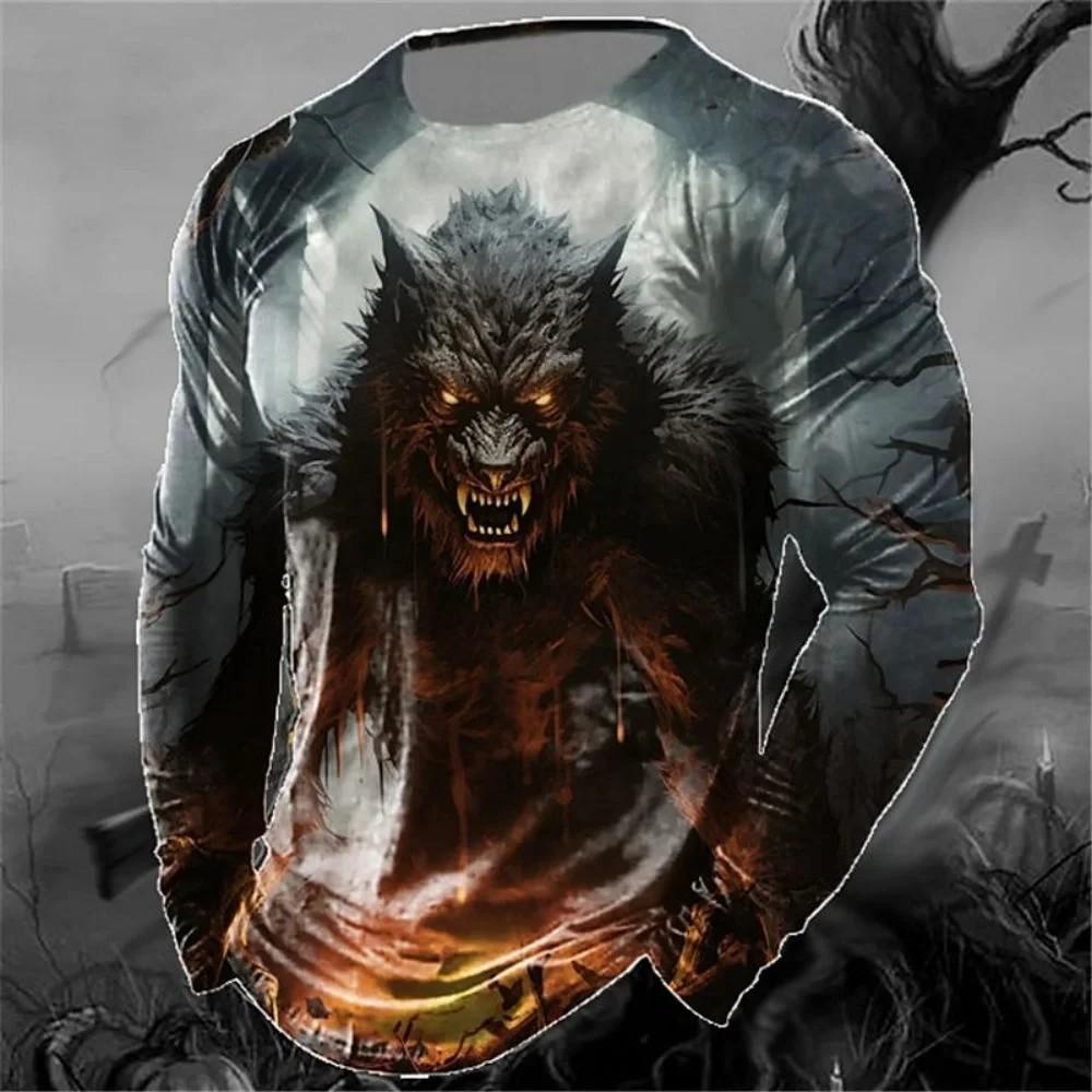 Men's Spring And Autumn Personality Retro Animal Wolf 3d Printed Round Neck Long Sleeve T-Shirt Casual Loose Breathable Jumper