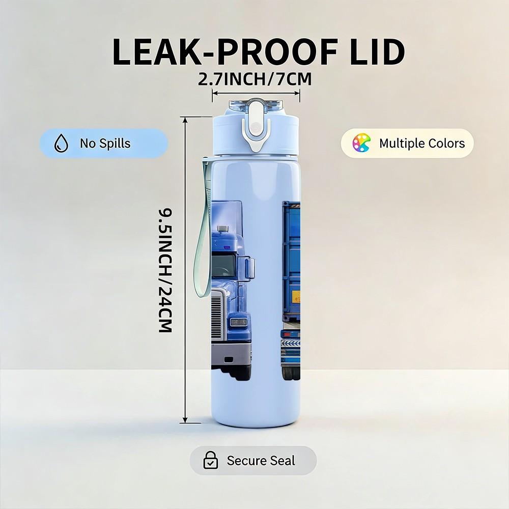 1PC Big Truck Lorry Vehicle Print 750ml Color Plastic Sports Water Bottle Leakproof Flip Straw Lid Suitable for Sports Office Home Use