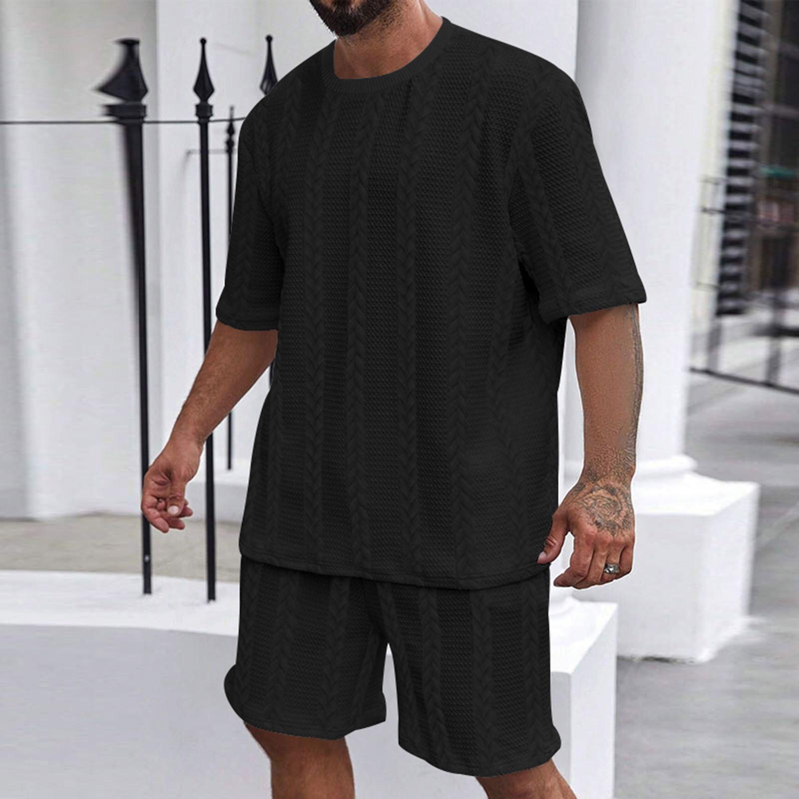

Men s Summer Knitted Solid Color Casual Short Sleeve T-Shirt Shorts Set XXL чорний