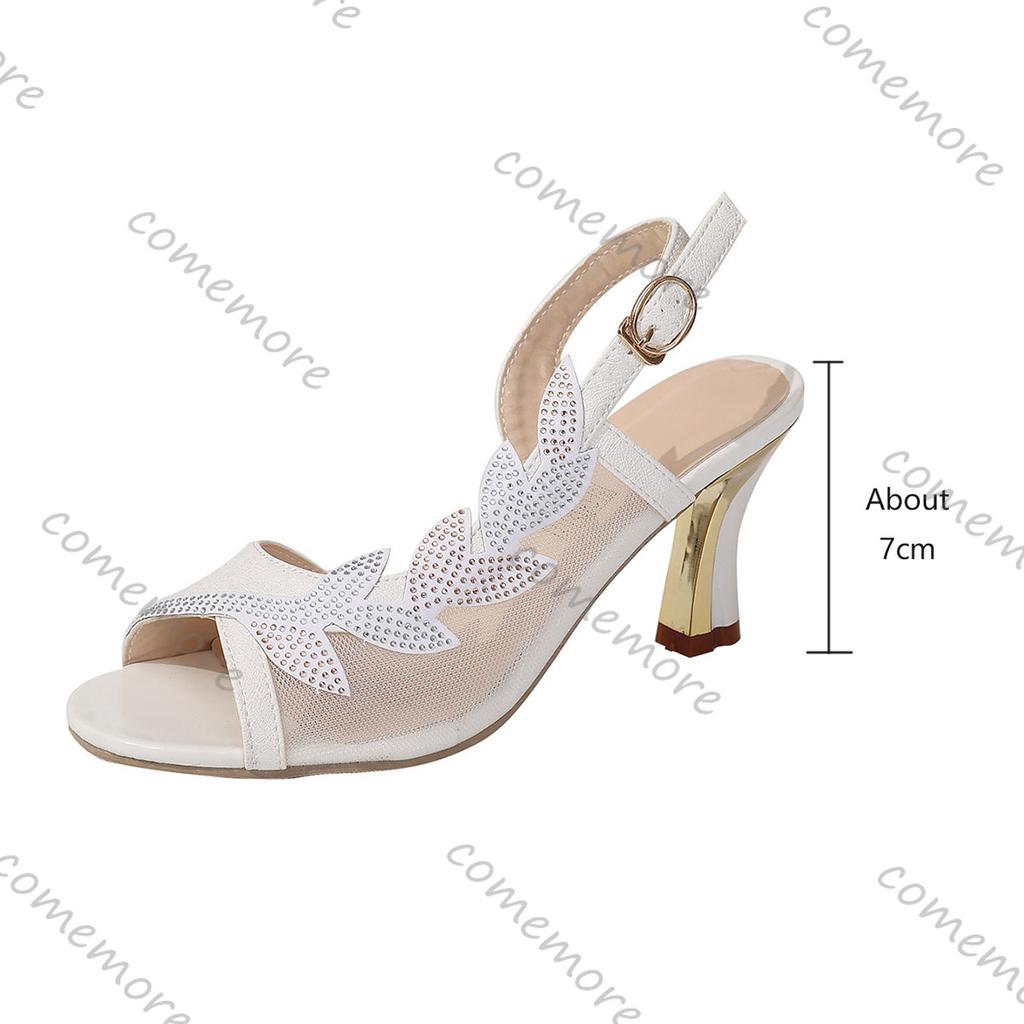Fashion Comemore High-heeled Sandals Fashion Mesh Rhinestone Fish Mouth Summer Shoes for Women Large Size Side Hollow Roman Sandales