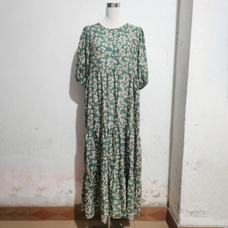 Women Summer Casual Floral Print O Neck Dress High Waist Loose Large Size Ankle Length Middle Long Sleeve Spring Dress