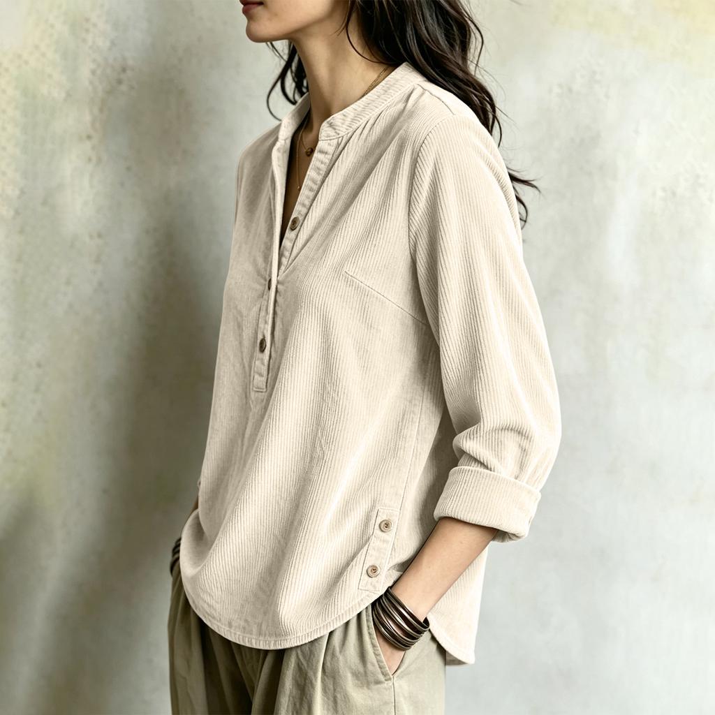 Chemise à Manches Longues Boutonnée Col en V en Velours Côtelé pour Femme, Style Décontracté