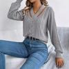 Women's Autumn/Winter Sweatshirt - Casual Openwork V-Neck with Twisted Lantern Sleeves - New Arrival Knitted Jumper