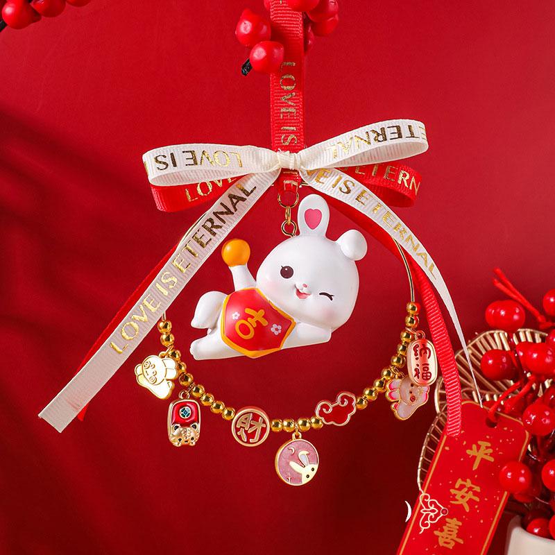 2024 New Year Rabbit Car Pendant Car Mirror Cute Rabbit Decoration Ornament Hanging Valentine's Day Gift Automotive Interior