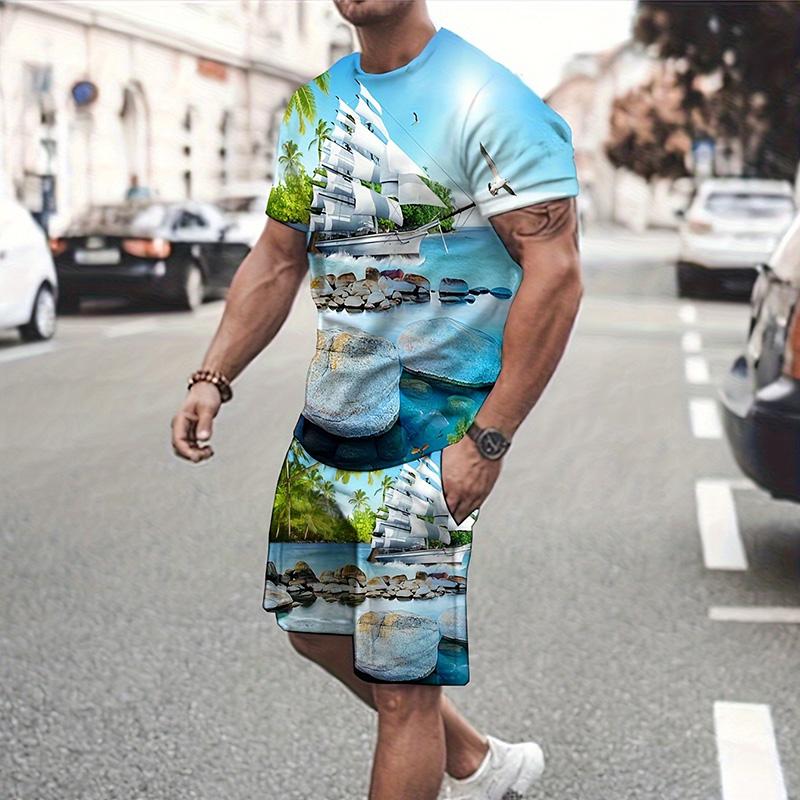 Stylish Men's Casual Suit Summer Breathable And Refreshing Suit Beach Style Printed 3D Coconut Oversized Men's Loose Top