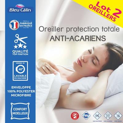 Lot of 2 Pillows 60 X 60 Cm "Total Anti-Mite Protection" Calin Blue - White -