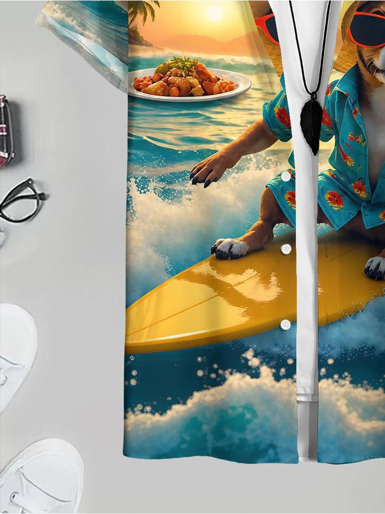 Men'S Casual Hawaiian Shirt, Vibrant Short-Sleeved, Polyester Fabric, Mixed Colors, Multiple Sizes Available, Featuring Surfing Dog Print, Suitable