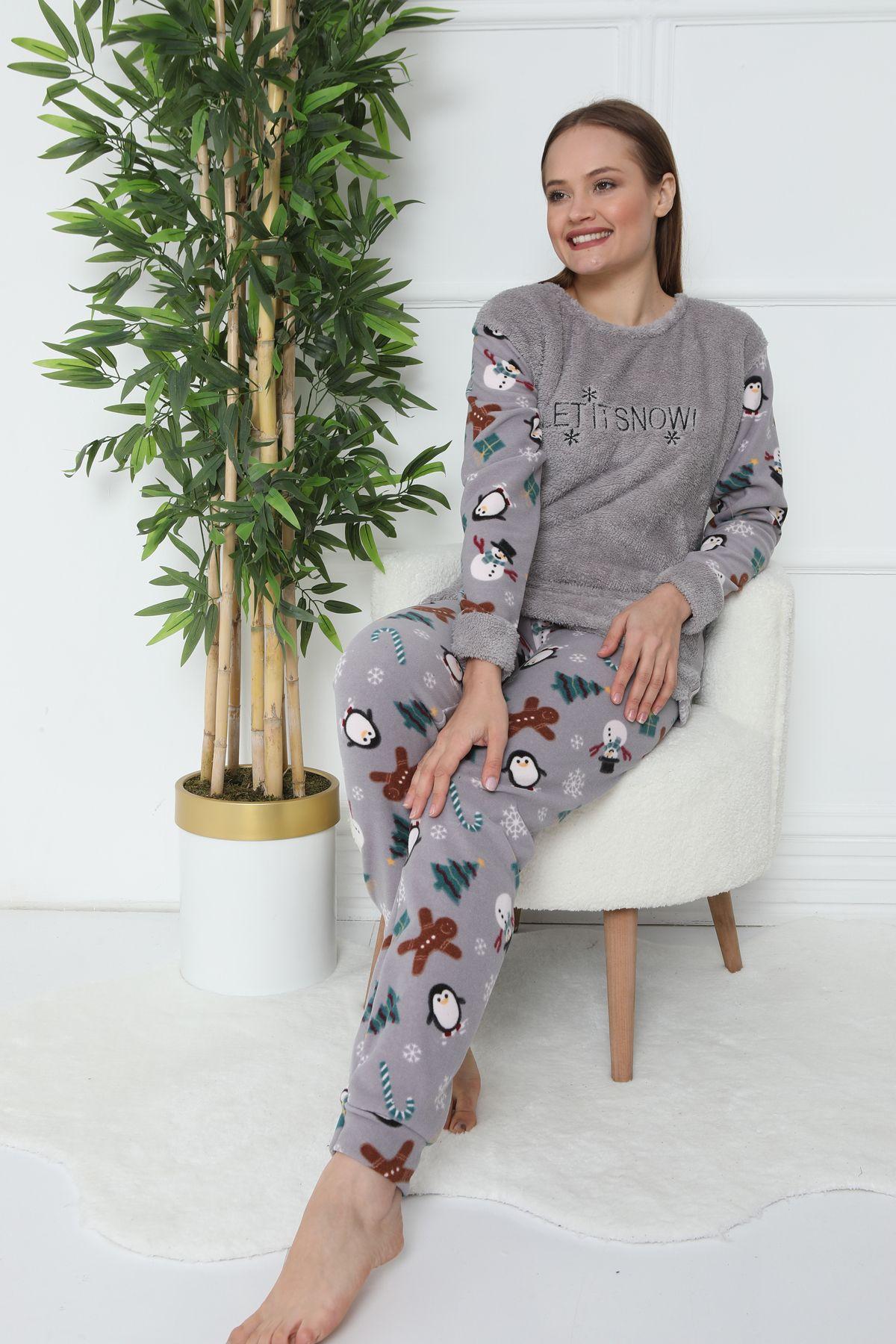 

Женский пижамный комплект больших размеров, зимний флисовый пижамный комплект Wellsoft, серый с рисунком L