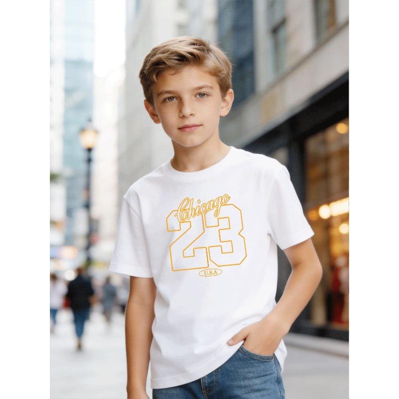 Boys Crewneck T-Shirt , 23 USA Graphic Print Sporty Street Trendy Casual Short Sleeve Top 110