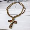 Charm Beaded Chain Necklace Metal Pendant Sweater Necklace Punk Gothic Cross Necklace  Women