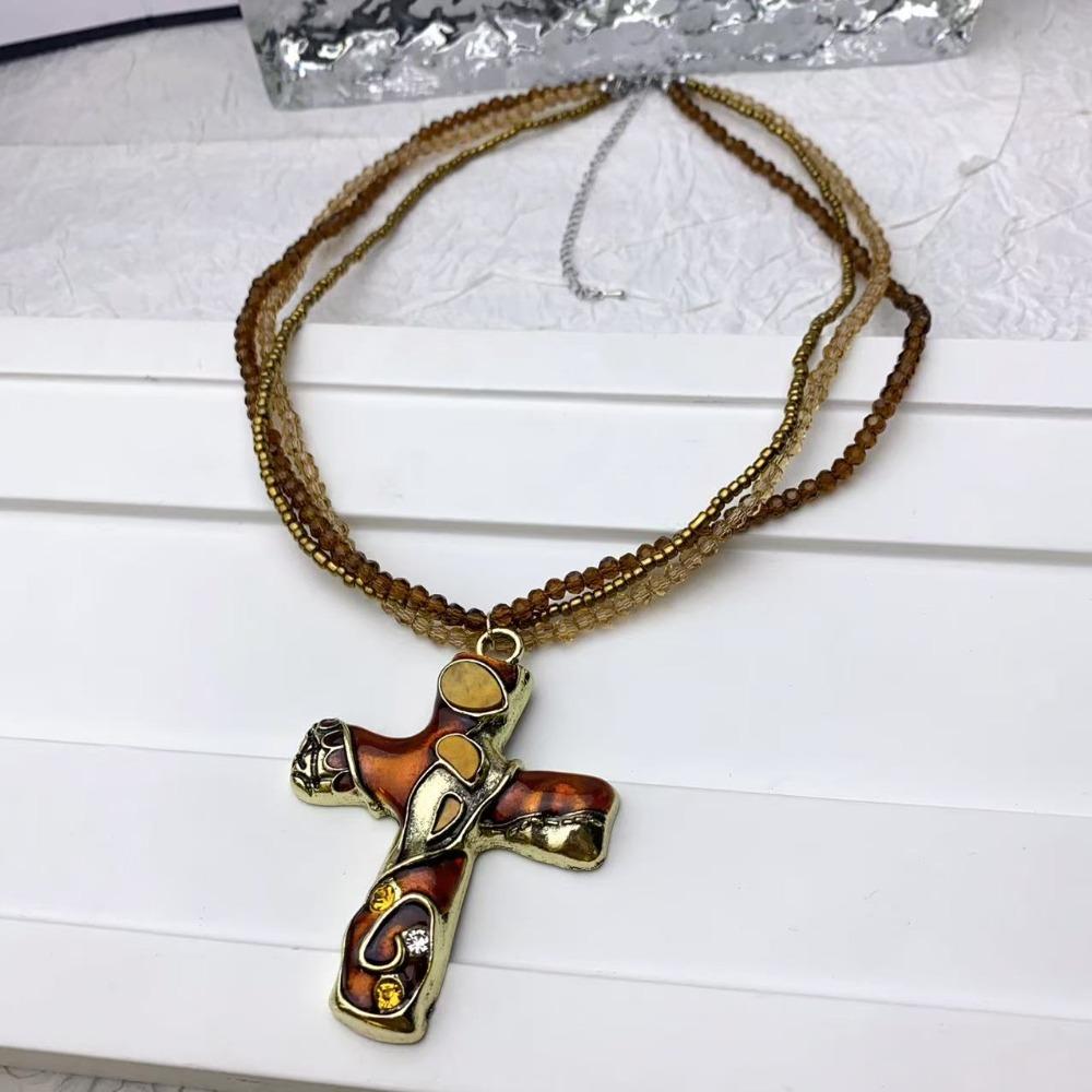Charm Beaded Chain Necklace Metal Pendant Sweater Necklace Punk Gothic Cross Necklace  Women