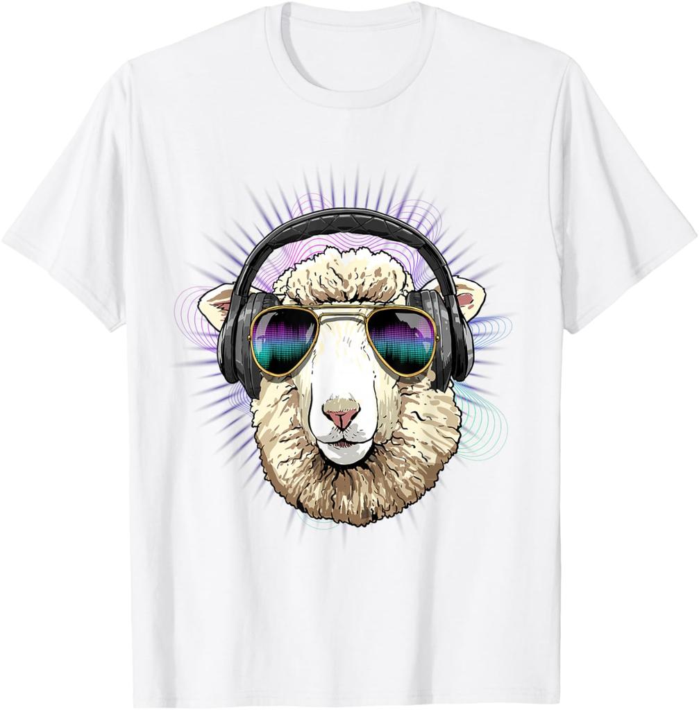Music Sheep DJ Graphic Tee Cool Animals Headphone Rave T-Shirt Men Trip