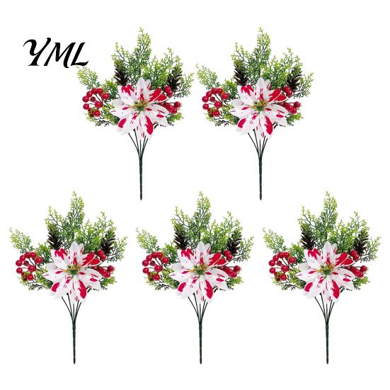Home Interior Floral Accents 5 Heads Artificial Poinsettia Flowers, Christmas Fake Pine Berry Decoration, Flowers Fade-Resistant Red And White