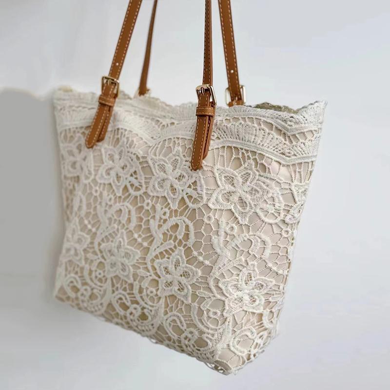 Women Lace Flower Embroidery Tote Summer Seaside Travel Vacation Beach Bag Shoulder Retro Handbag CLE