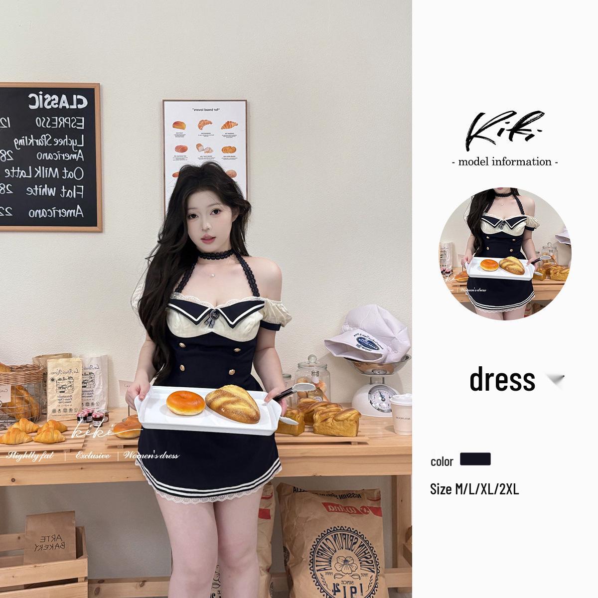 

KIKI Sweet Academy Style Sailor Collar Halter Dress - Women s Waist-Slimming Lace Color Block Dress M чёрный