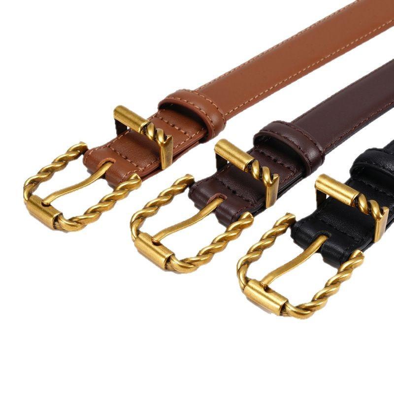 New Twist Buckle Leather Women's Belt, Retro Design First Layer Cowhide Needle Buckle with Jeans Pants Belt