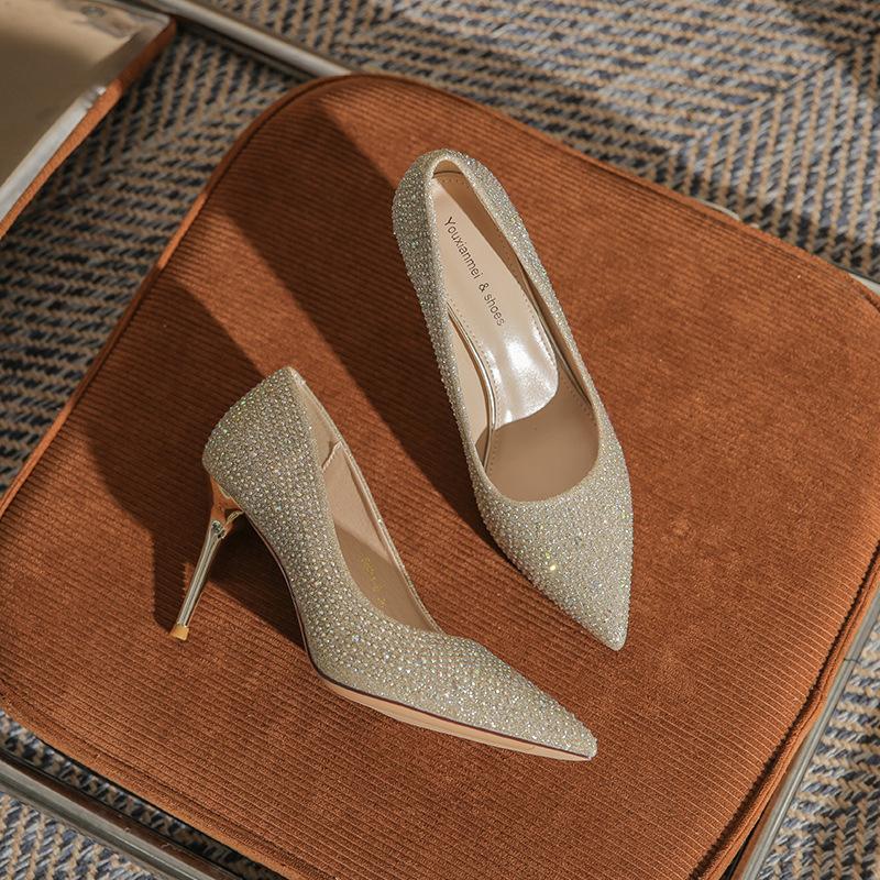 Rhinestone high heels women's new versatile bright diamond women's shoes hot diamond pointed thin heel single shoes