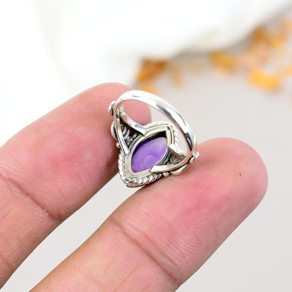 Amethyst Gemstone 925 Sterling Silver Marquise Shape Handmade Jewelry Boho Ring For Women