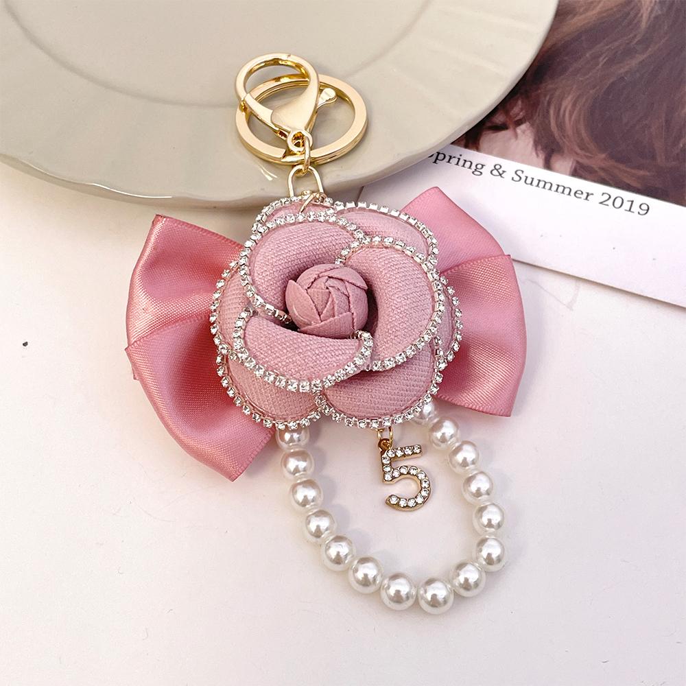 Luxury Fabric Camellia Bow Pearl Keychain Crystal Rhinestones Car Key Ring Handmade Flower Women's Bag Pendant