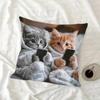 2D Print Cat Pillow Cover with Phone-Playing Design Short-Pile Plush Cute Cat Living Room Sofa Decorative Pillowcase