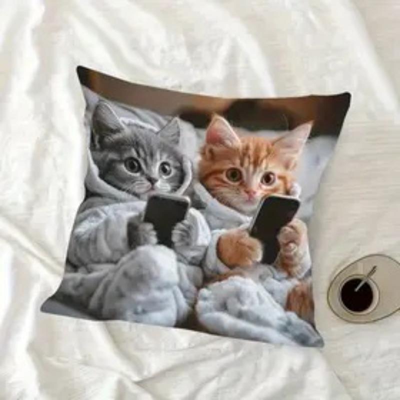2D Print Cat Pillow Cover with Phone-Playing Design Short-Pile Plush Cute Cat Living Room Sofa Decorative Pillowcase