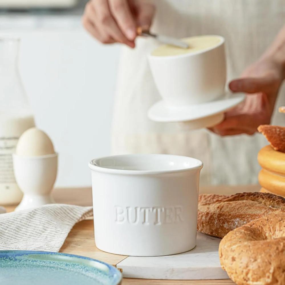 Butter Preserving Jar with Lid, French Butter Dish, Ceramic Material, Waterproof Sealed White Butter Container Holder bianco