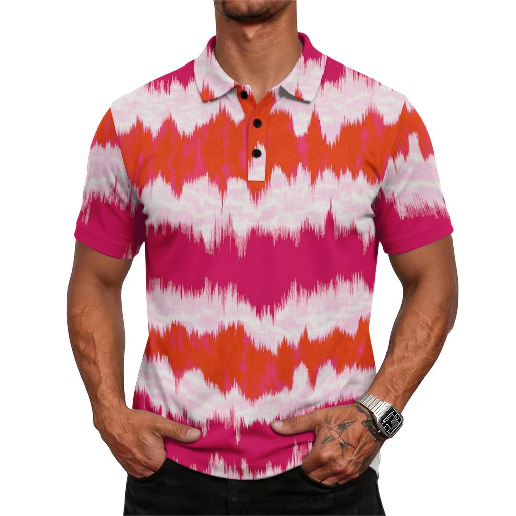 Men’s Short Sleeve Polo Shirt with Abstract Tie Dye Print Classic Button Down Collar Casual Fit Top Tee