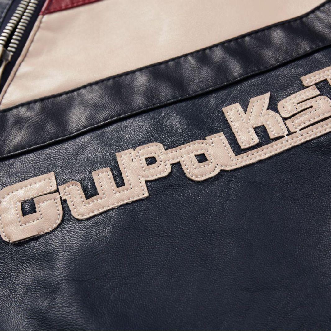 Кожаная куртка мужская осенне-зимняя новая кожаная куртка модная трехцветная косая молния — фото 5